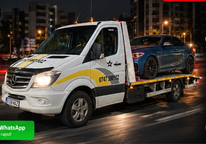 Scenă ilustrativă: platformă auto cu un autoturism transportat, noaptea